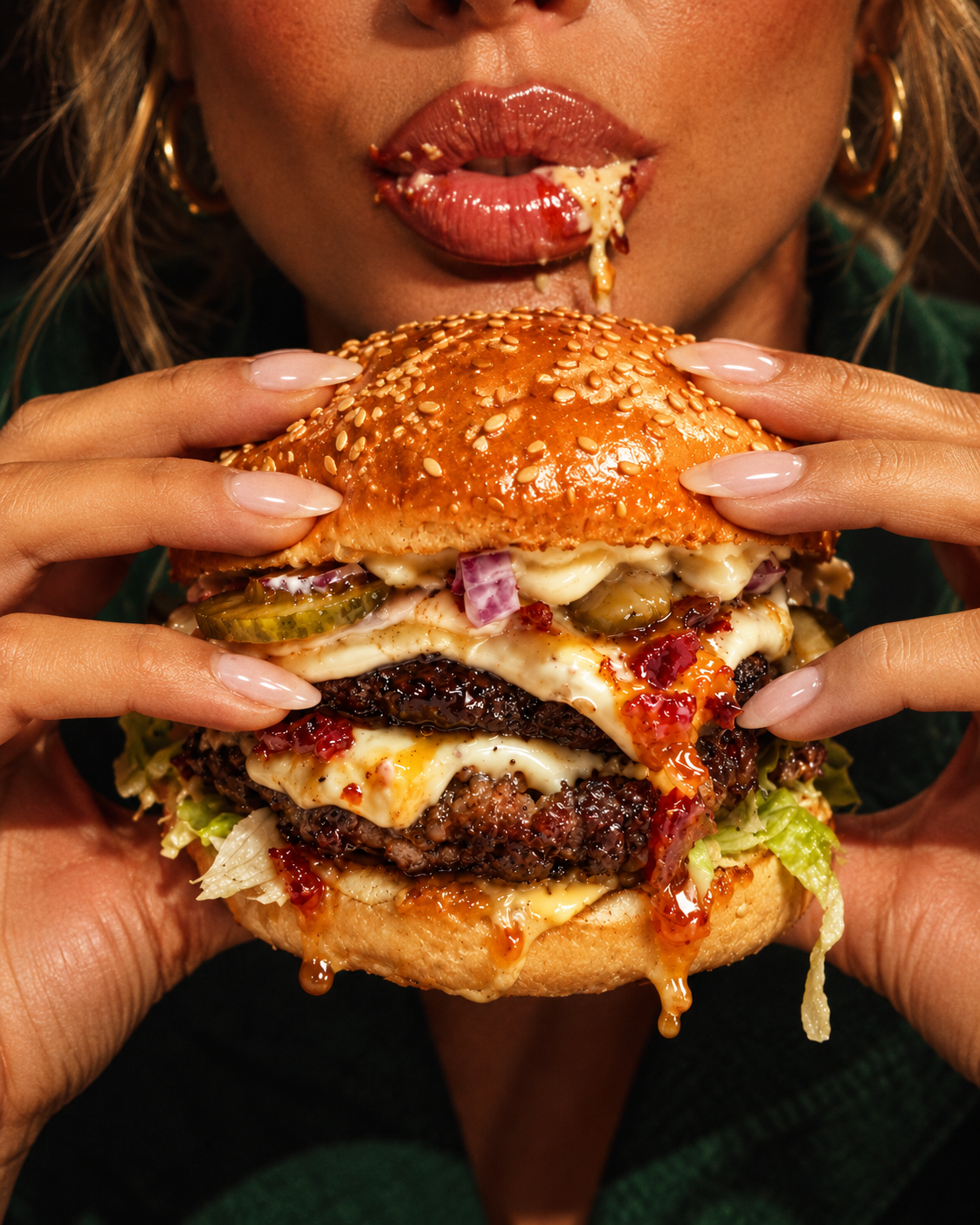 The Burnout — limited edition flame-grilled double cheeseburger with cream cheese, bacon jam, megaioli, pickles and red onion