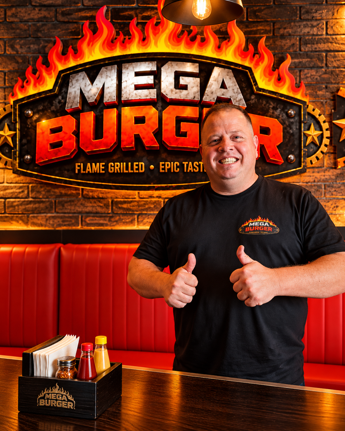 Mega Burger founder Dewet giving two thumbs up at a table in the restaurant, the flame-grilled brand sign glowing behind him
